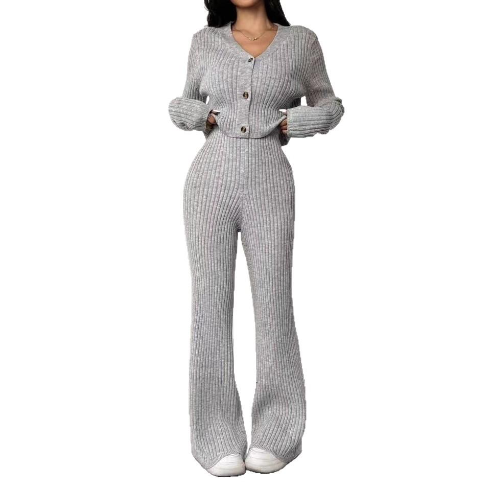 Solid Color Knitted Two-piece Women's V-neck Short Knitted Cardigan Bootcut Trousers Versatile Casual Women's Clothing