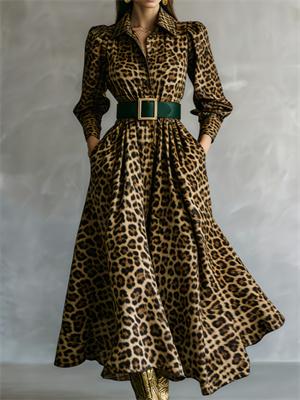 Waist-cinching Shirt Collar Casual Long Dress