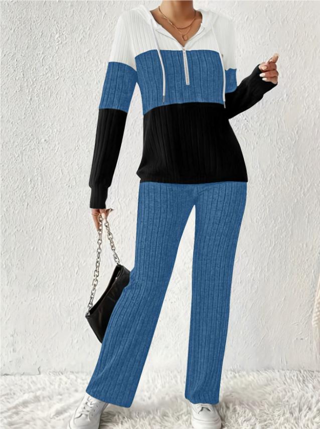Contrast Color Hooded Zipper Long Sleeve Trousers Suit Knitted