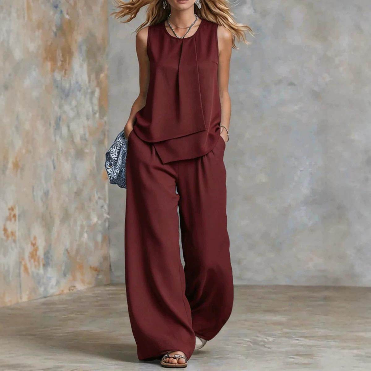 Casual Chic Sleeveless Solid Color Two Piece Set With A Top And Wide Eg Pants