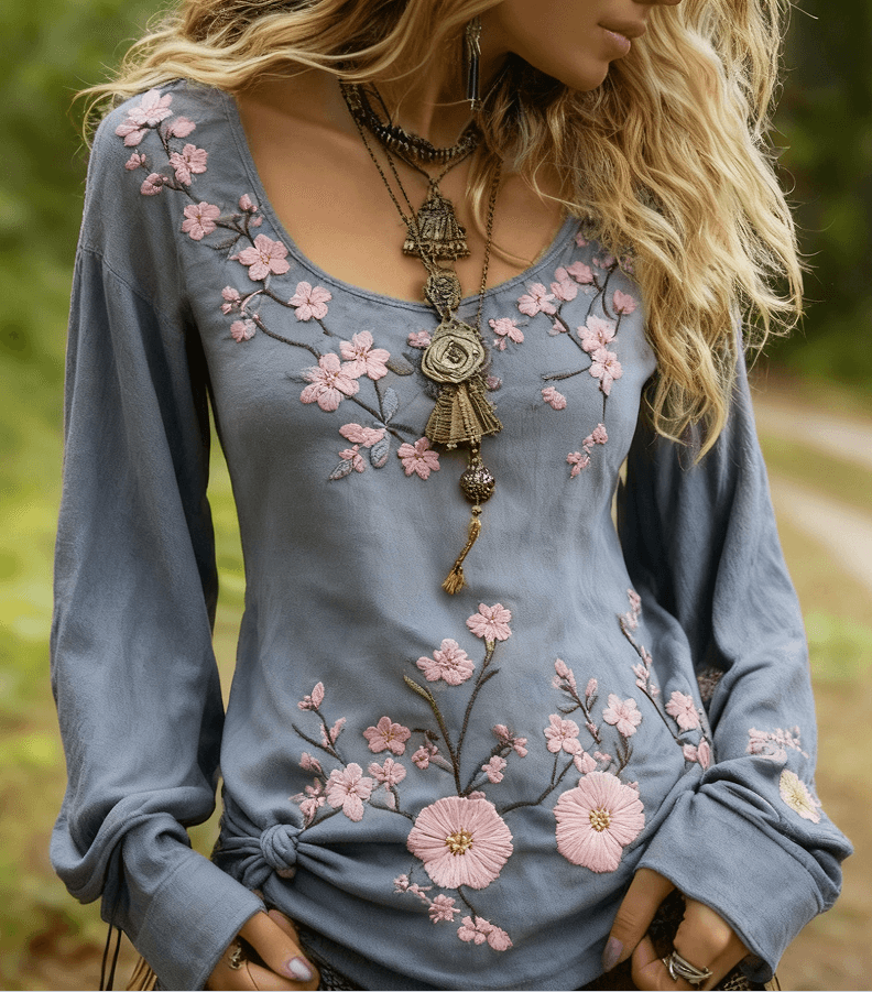 Women's Vintage Rose Print And Floral Applique Embroidery Casual Crew Neck Shirt