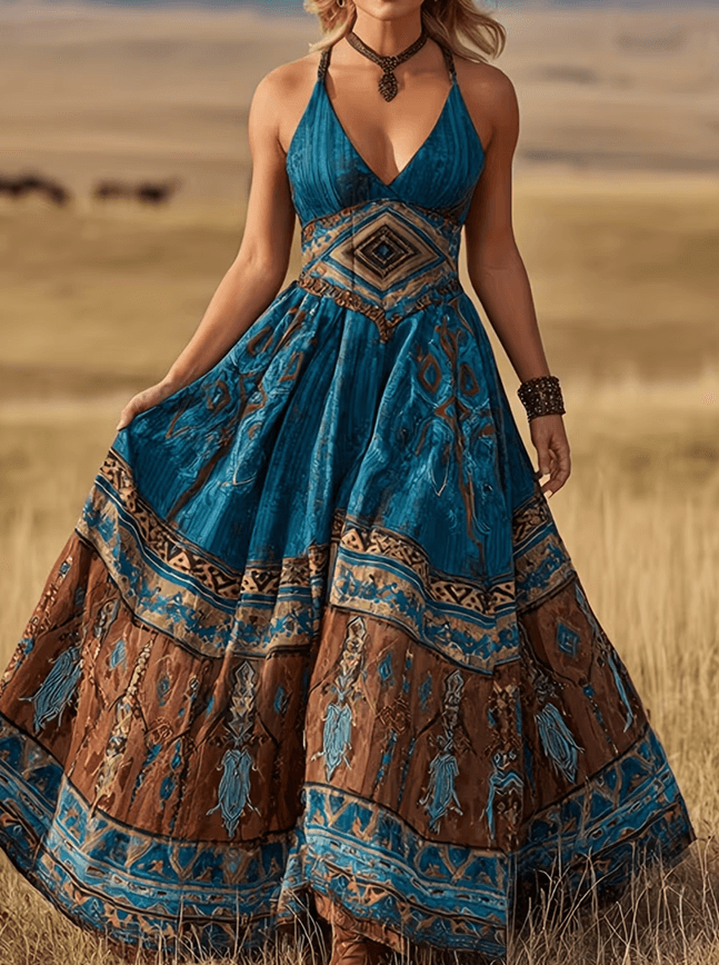 Deep V-neck Fitted Waist Full Skirt Sleeveless Long Vacation Dress For Women