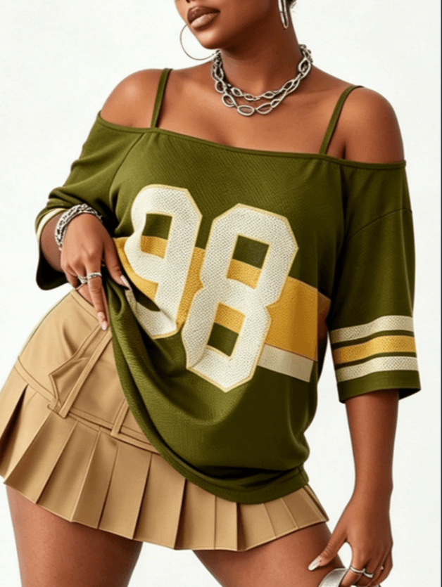 Off Shoulder Number 98 Striped Oversized Top And High Waist Pleated Mini Skirt Two Piece SetOff Shoulder Number 98 Striped Oversized Top And High Waist Pleated Mini Skirt Two Piece Set