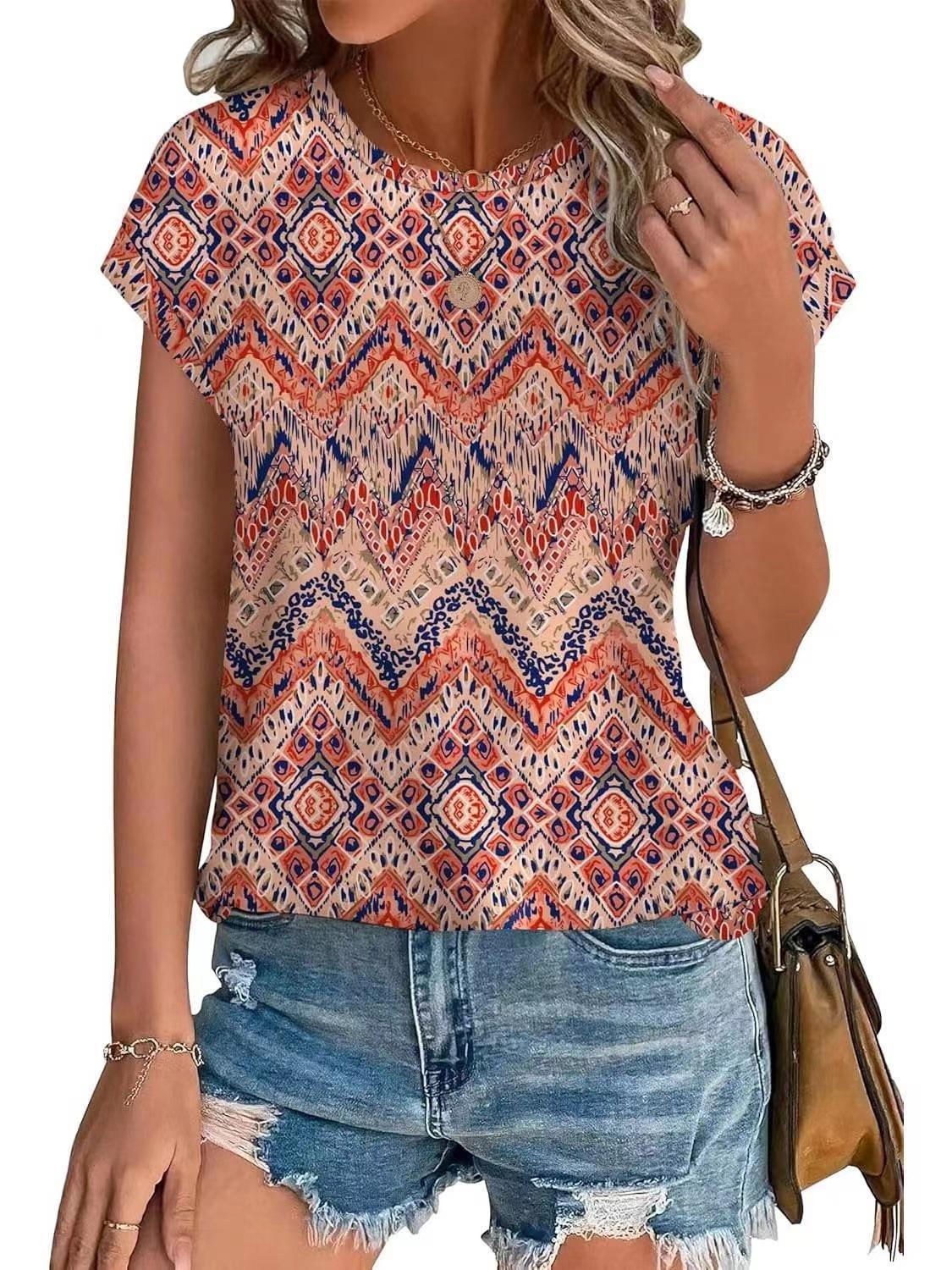 Women's Fashionable Floral Trendy Printed Crewneck Short-Sleeve T-Shirt