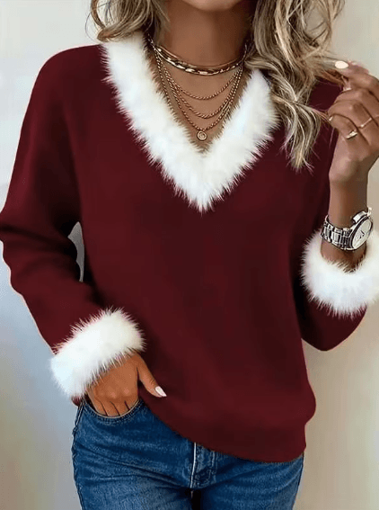 Casual V-neck Long-sleeved Fitted Top With Plush Trim