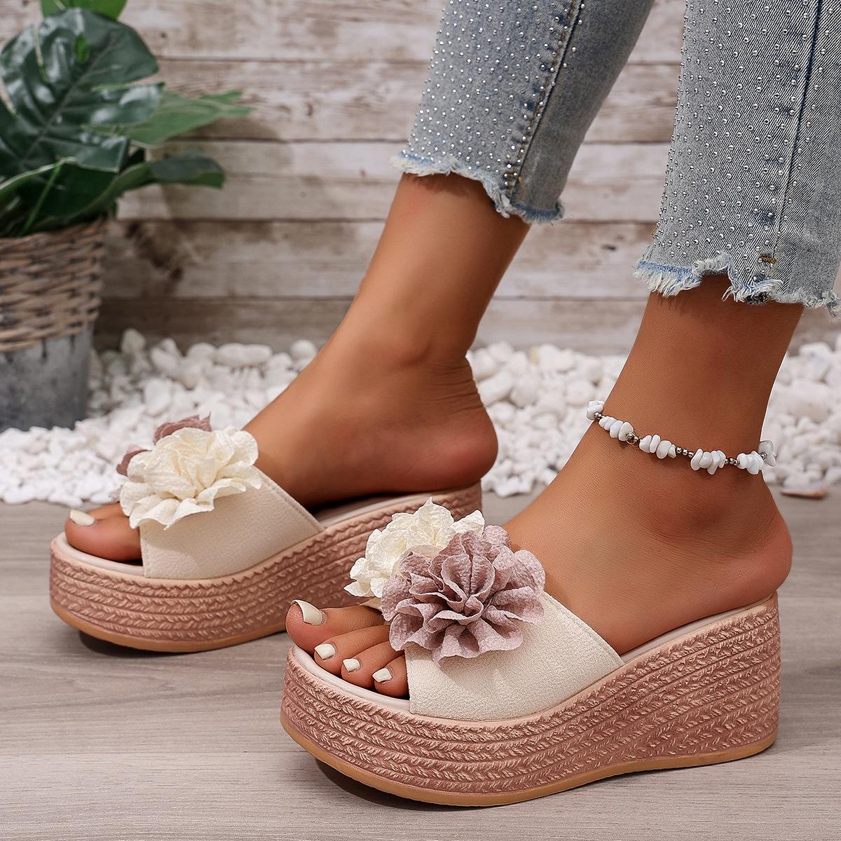 Summer New Style Double-flower Wedge Platform Flip-flops For Women