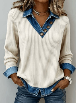 Denim Collar Patchwork Knit Sweater, Faux Two-piece V-neck Ribbed Long-sleeved Casual Top