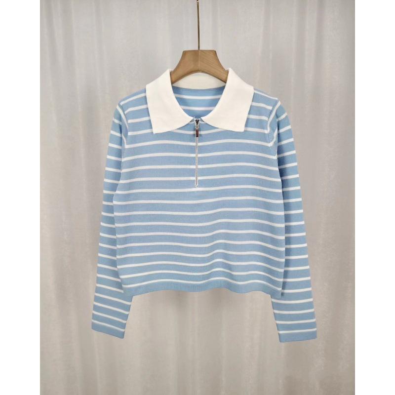 Spring Knitted Loose Contrast Color Striped Collar Long-sleeved Sweater For Women