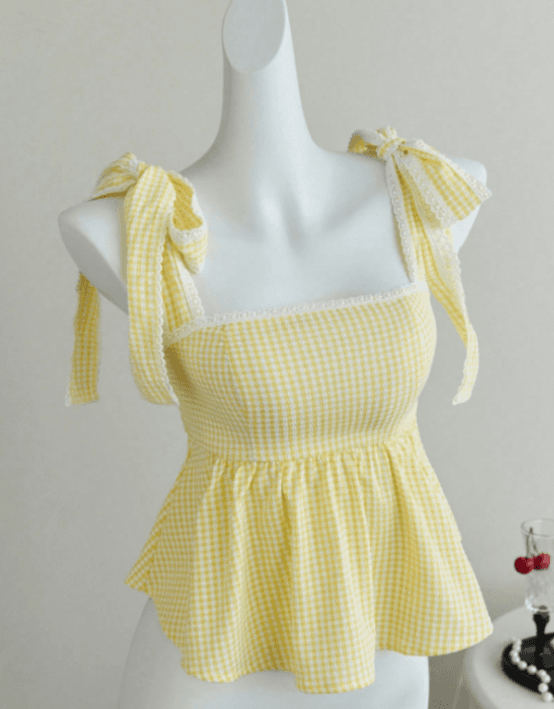 Bow Tie Lace Trim Waist Cinched Peplum Cami Top