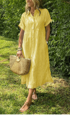Striped Collared Short Sleeve Shirt Dress