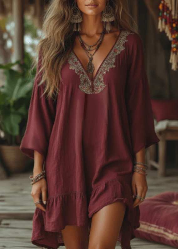 Sweet Floral Print V-neck Loose-fitting Women's Three-quarter Length Lantern Sleeve Mid-length Vacation Dress