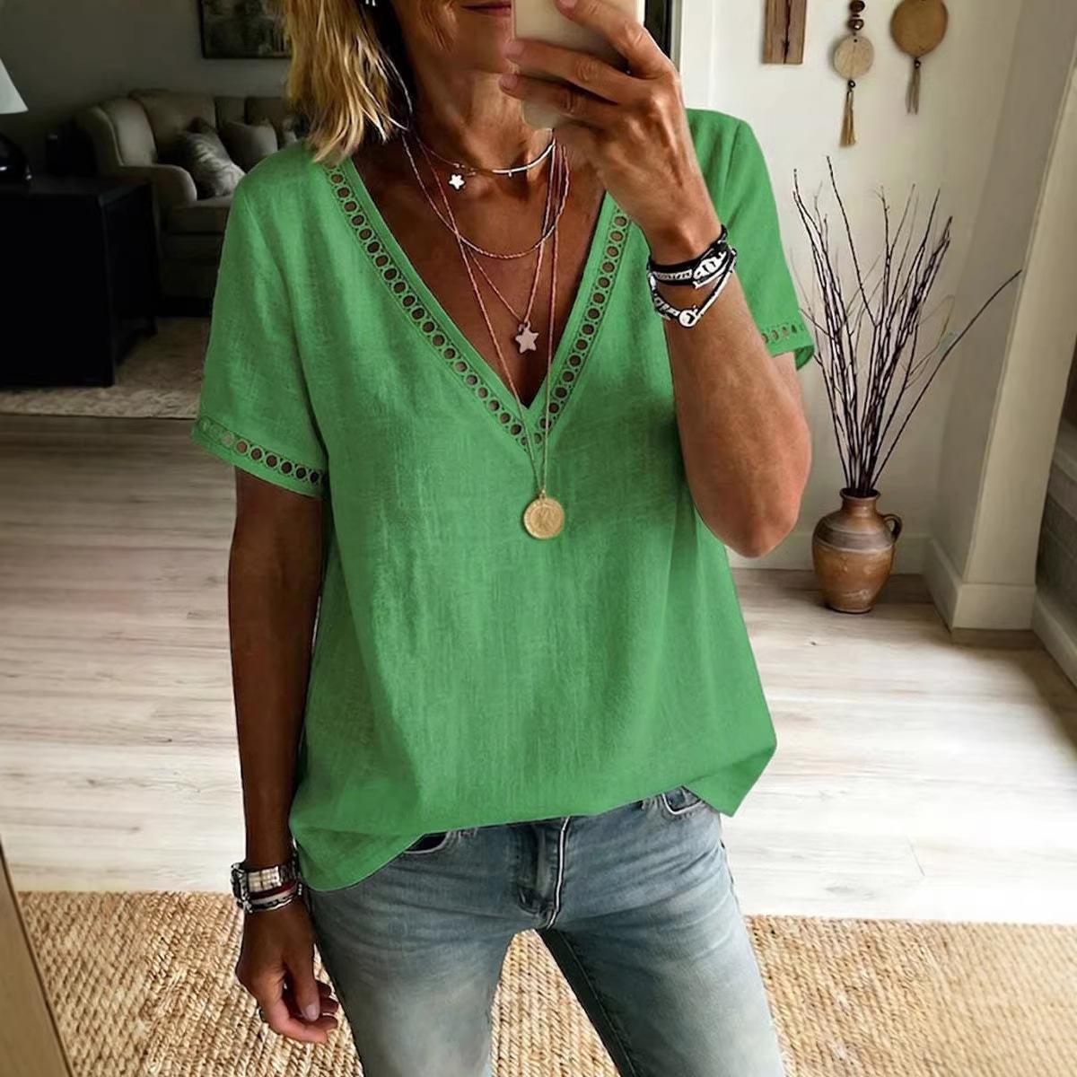 Women's Casual Patchwork Hollow-Out Lace V-Neck Short-Sleeve Top