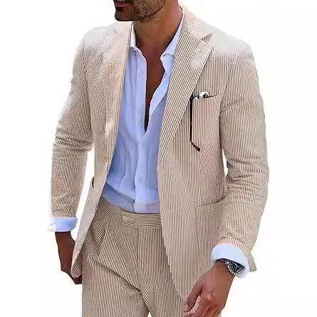 Mens Bubble-Chiffon Suit Slim-Fit Two-Piece Set
