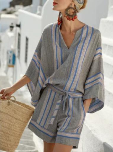 Relaxed-fit Striped Tie-front Jumpsuit Pants For Vacation