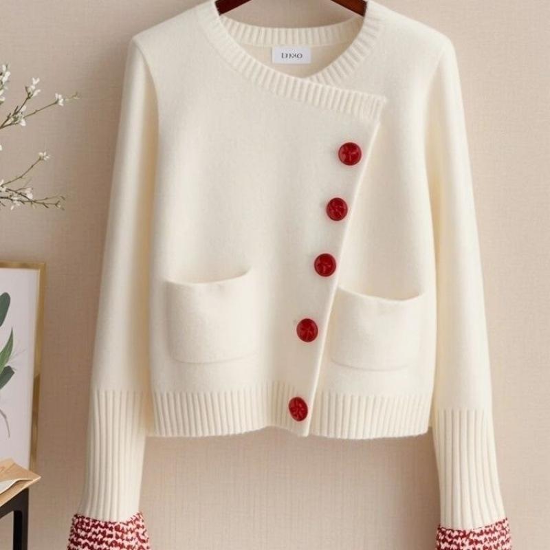 Design Sense Outer Wear Diagonal Buckle White Sweater Coat