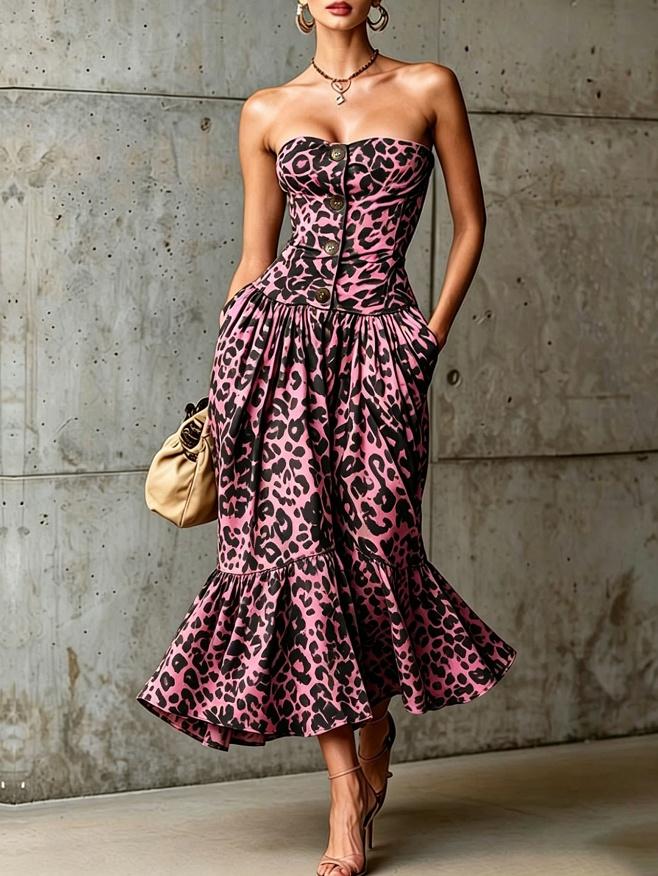 Strapless Sweetheart  Leopard Print Button Front Midi Flare Dress With Pockets