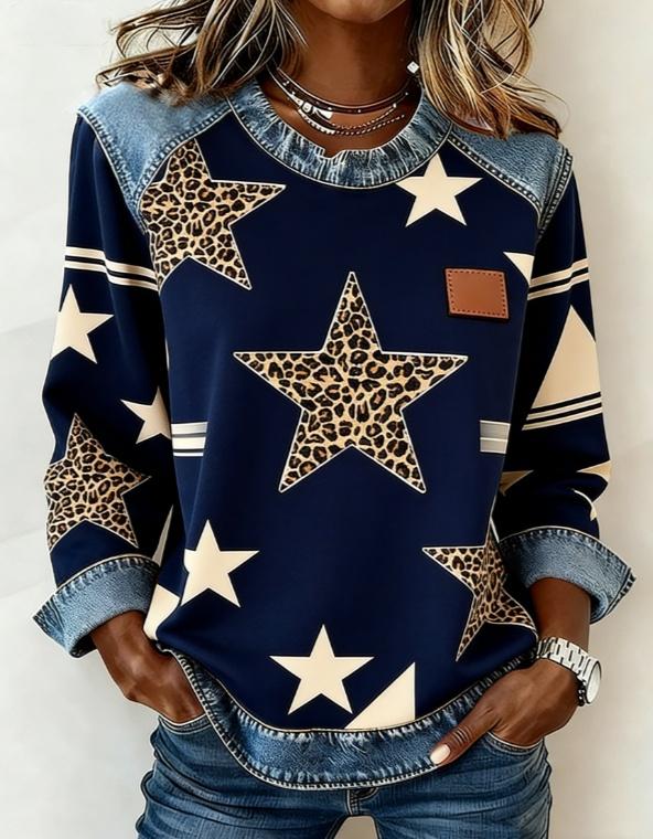 Casual Round Neck Color-blocked Printed Long-sleeved Loose Top