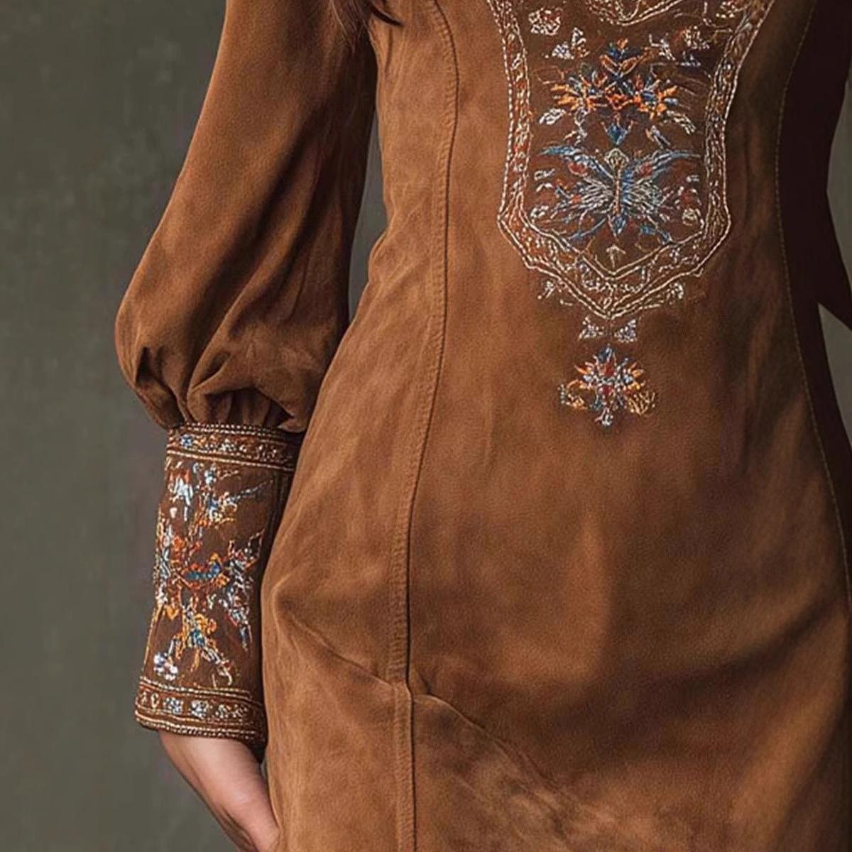 European And American Women's Clothing Long Sleeve V-neck Sexy Dress Embroidery