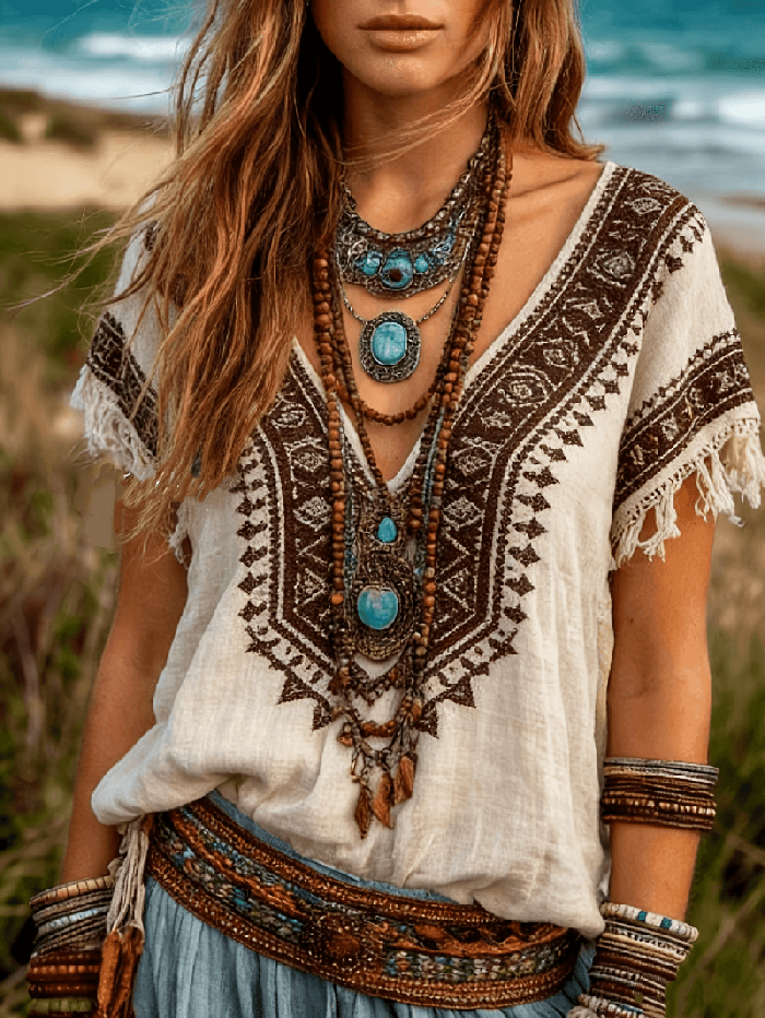 Women's Boho Embroidered Blouse V-Neck Short Sleeve Fringe Trim Ethnic Tunic Top