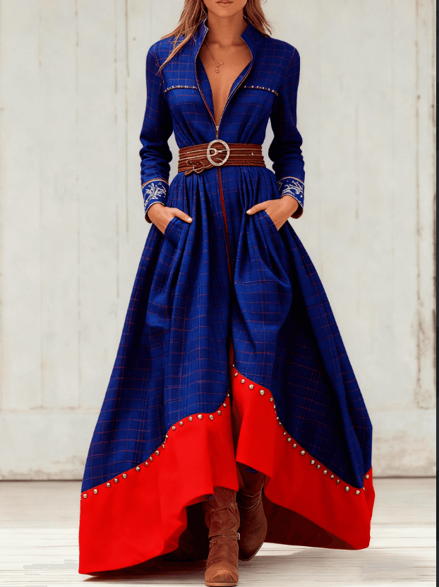 Casual Retro Color-blocked Waist-cinching Long Dress