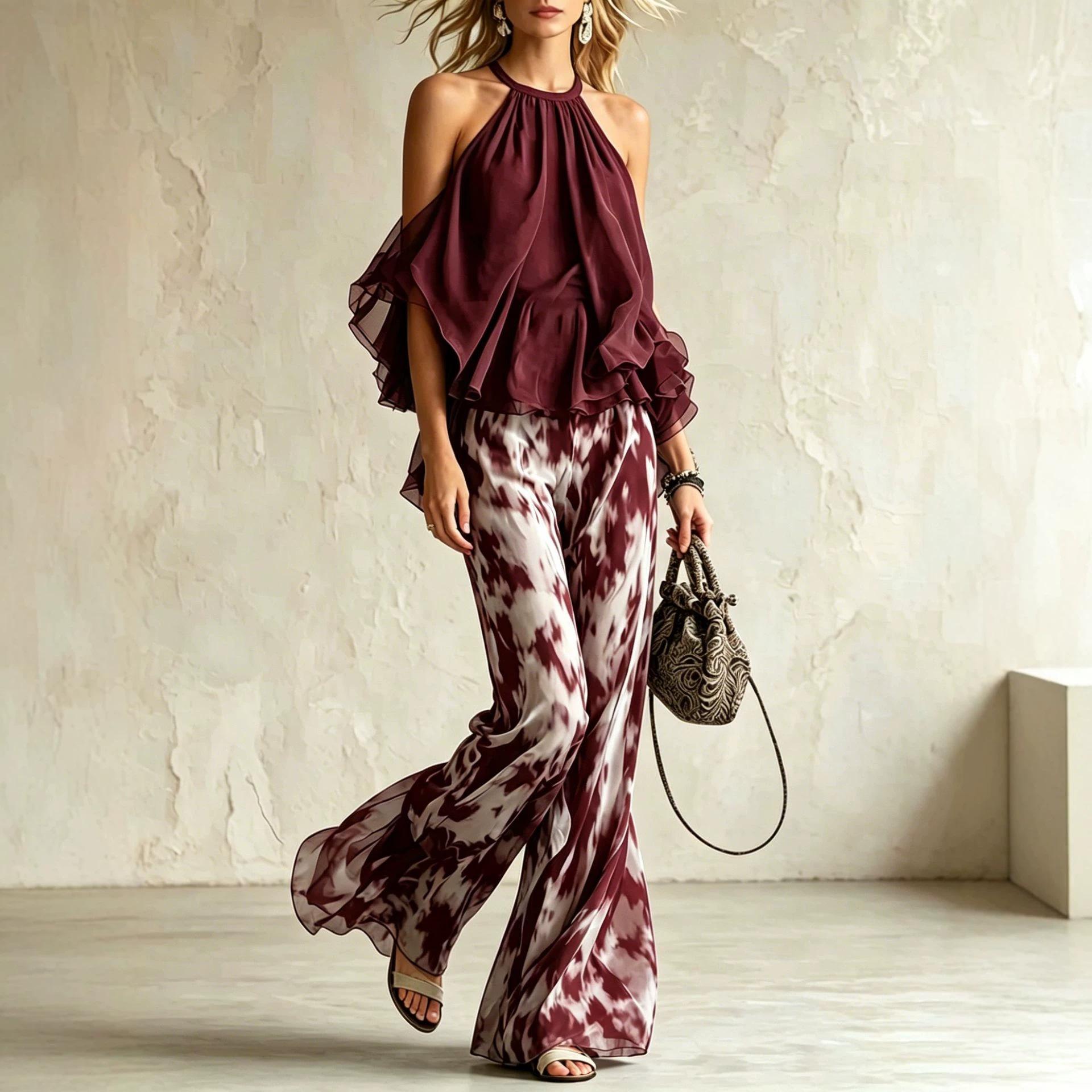 Sleeveless Halter-neck Top And Printed Wide-leg Pants Set