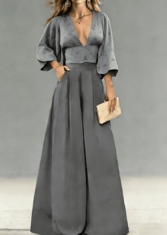 V-neck Puff Sleeve Top Wide-leg Pants Two-piece Set