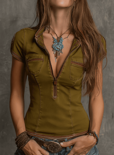 Front Zipper With Vintage Stitching Skinny Denim Top