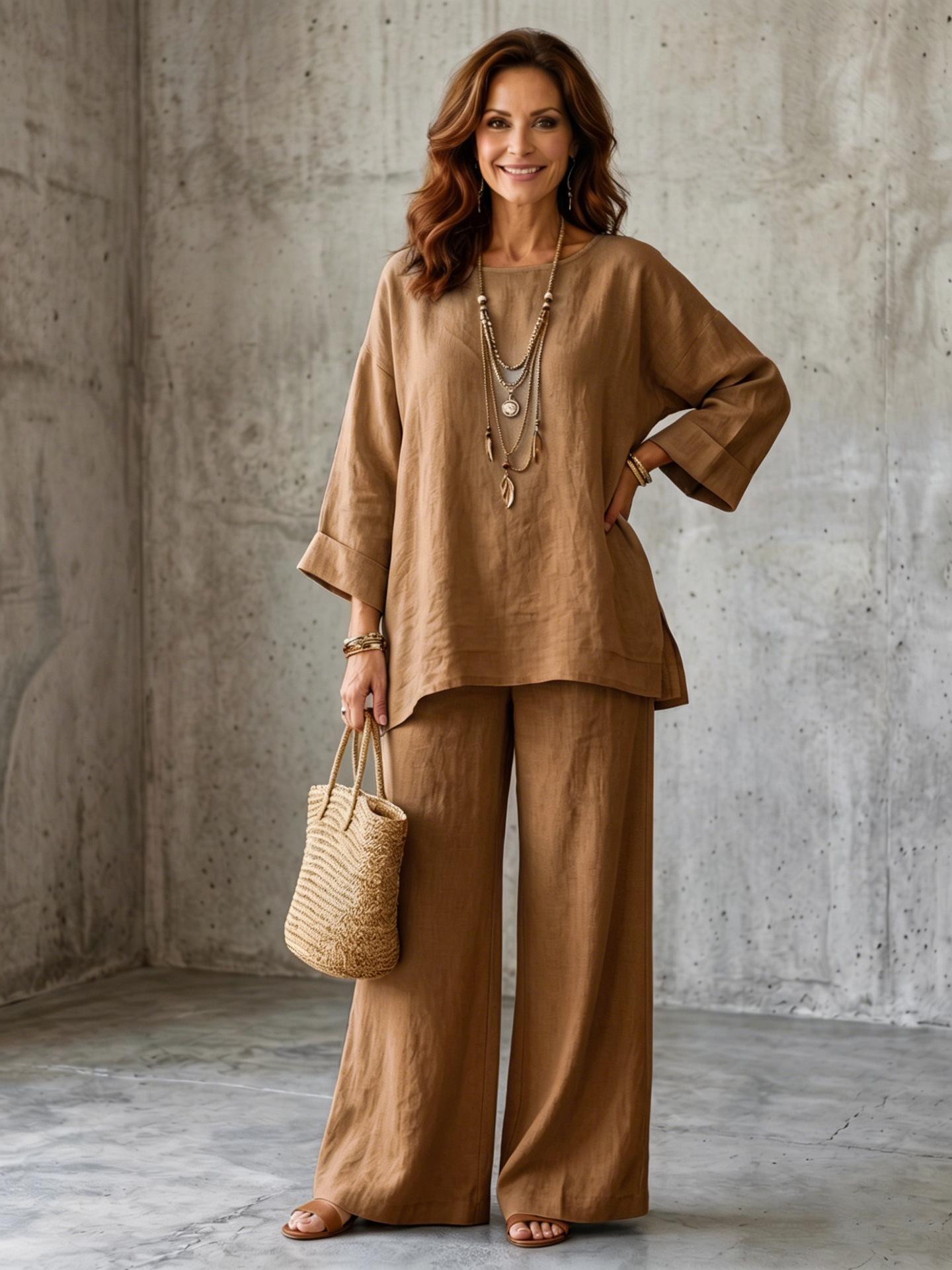 Women's Loose Round-Neck Shirt And Wide-Leg Pants Set