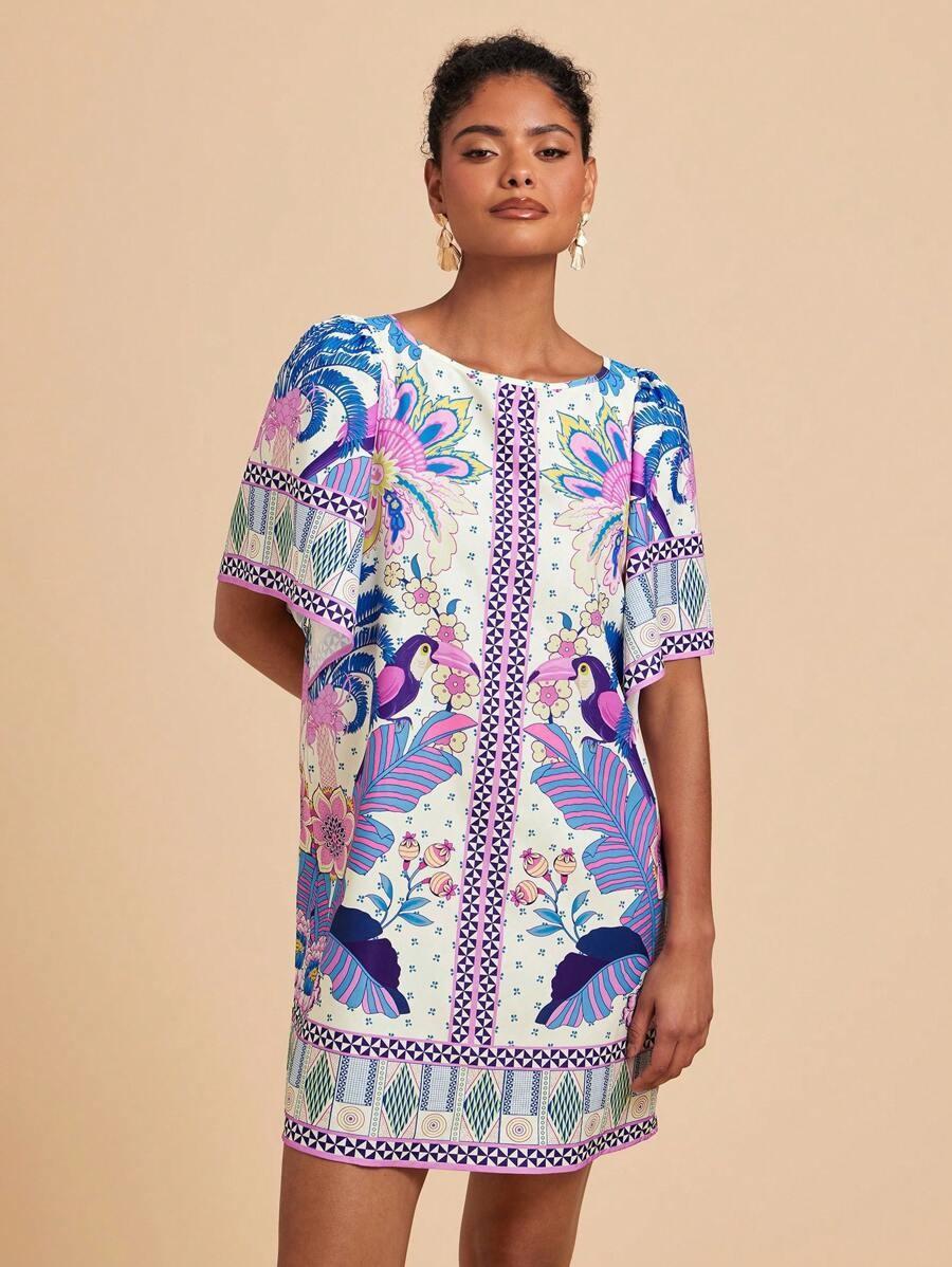 Fashion Retro Crew Neck Horn Printing Dress