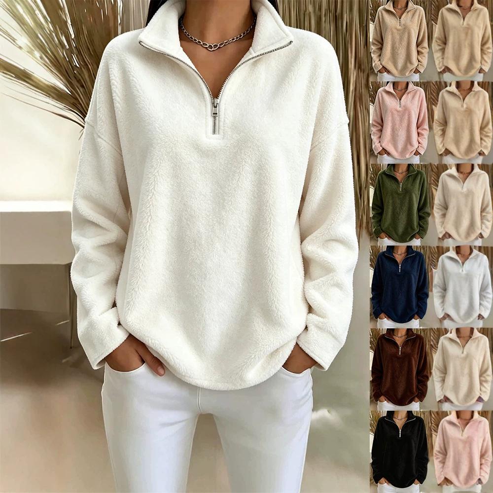 New Womens Small Stand-collar Zip-up Double-faced Fleece Long-sleeve Pullover Hoodie