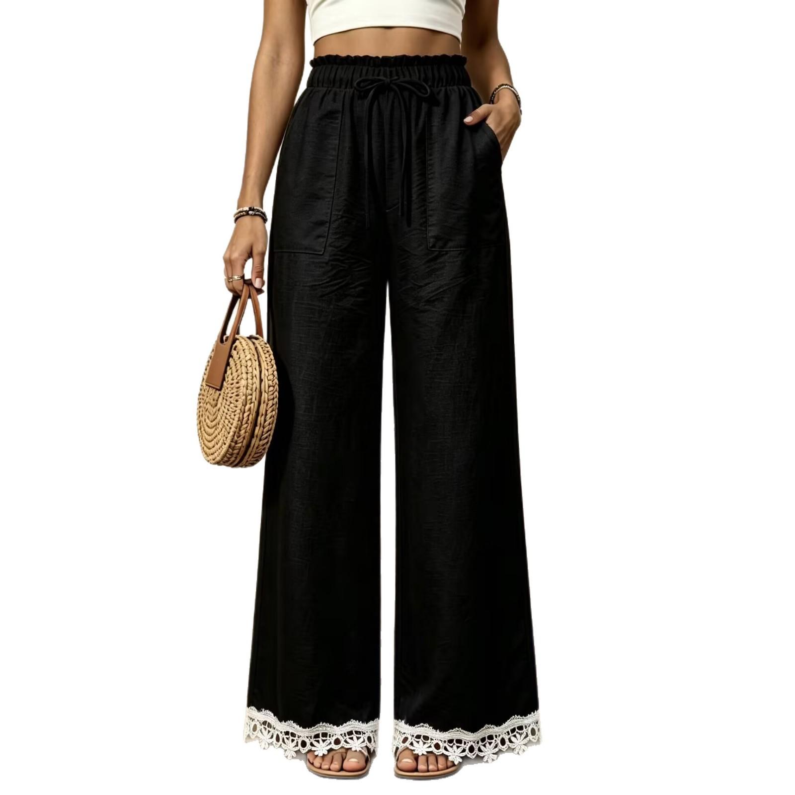 Womens New Lace-trimmed Loose-fit Wide-leg Casual High-waist Straight-leg Trousers