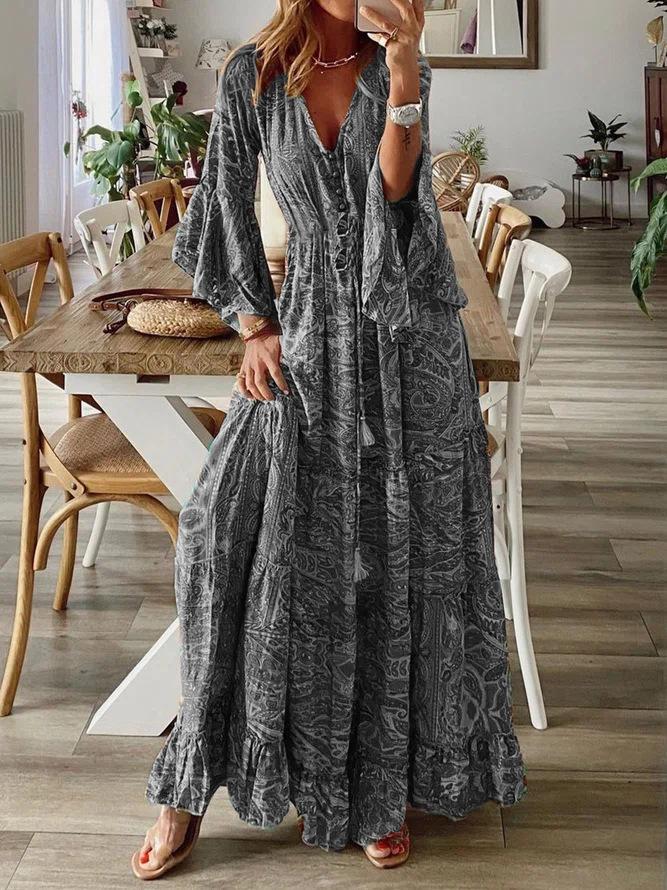 Women's Boho Paisley Print V-Neck Flare Sleeve Ruffle Hem Maxi Dress, Casual Loose Tie Waist Long Dress For Vacation & Beach