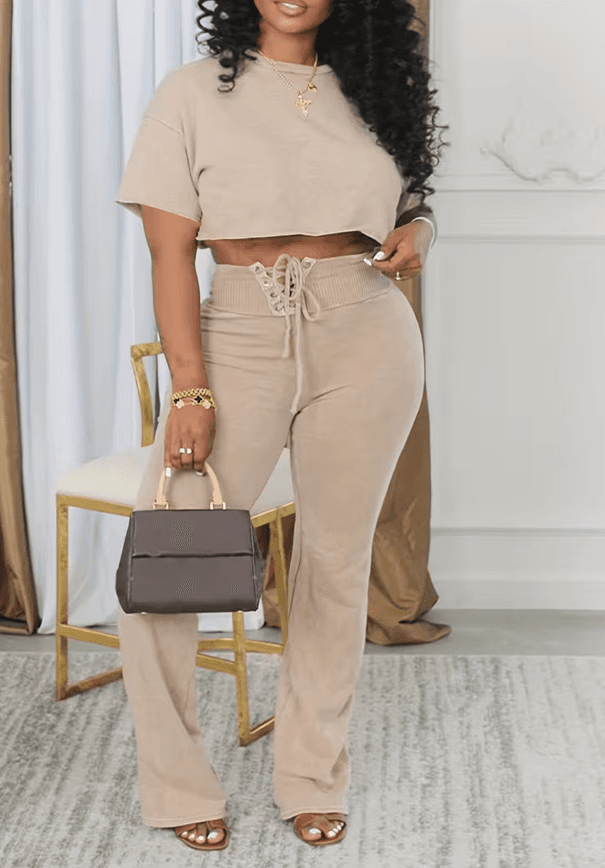 American Retro Round Neck Cropped Top  High-waisted Drawstring Wide-leg Pants Set For Women