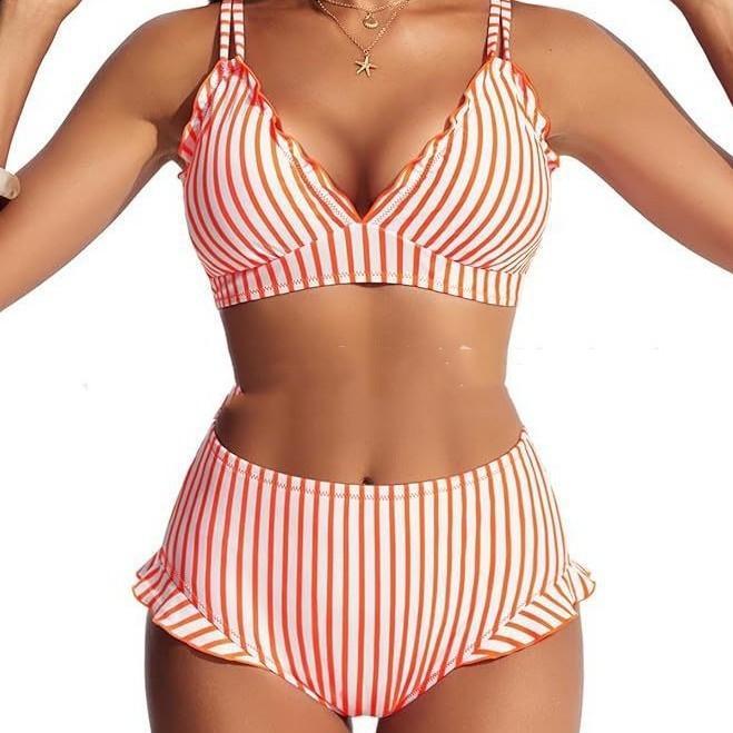 AliExpress European And American Amazon Split Striped Hollowed-Out Drawstring High-Waist Bikini Set Womens Swimsuit