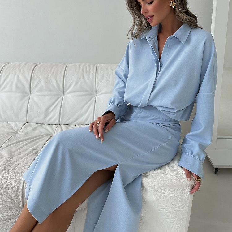 Cotton Lapel Long Sleeve Cardigan Top Split Skirt Commuting Suit