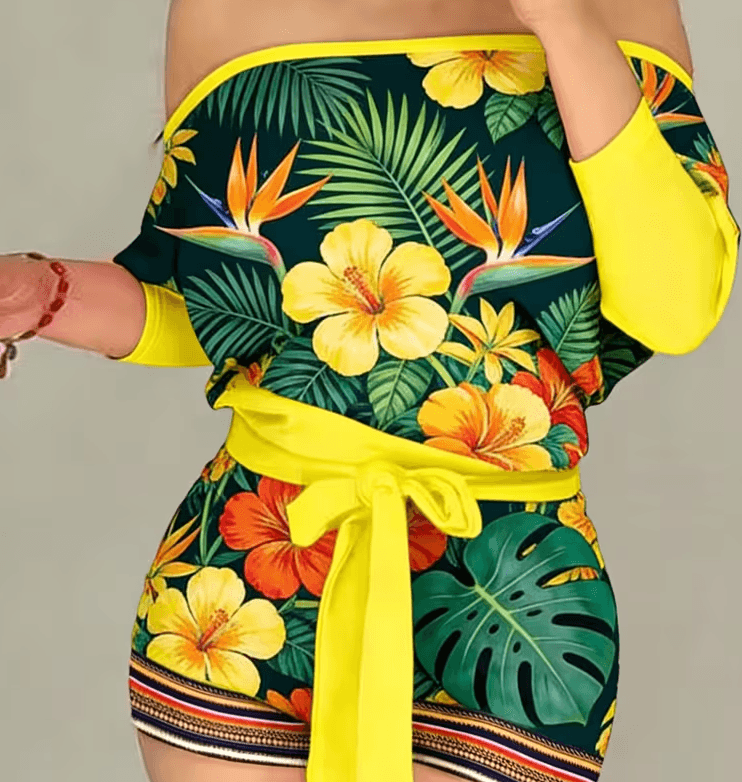 Peacock Print Off-Shoulder Long-Sleeved Tie-Waist Women's Casual Jumpsuit