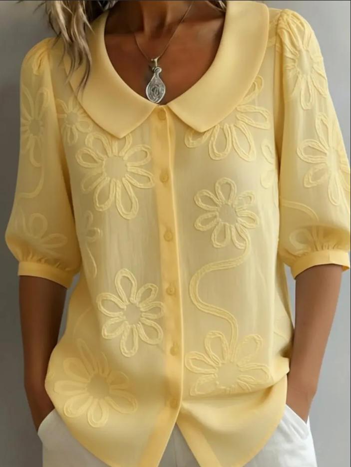 Retro Button-up Embroidered Floral Mid-sleeve Shirt