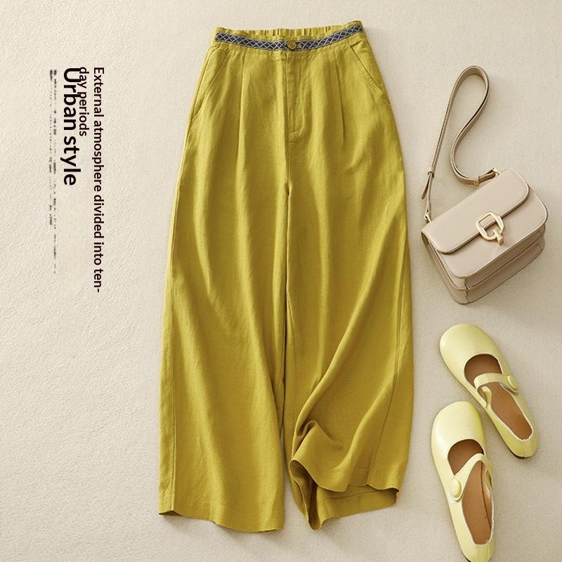 Womens Casual Cotton-Linen Artistic Wide-Leg Pants