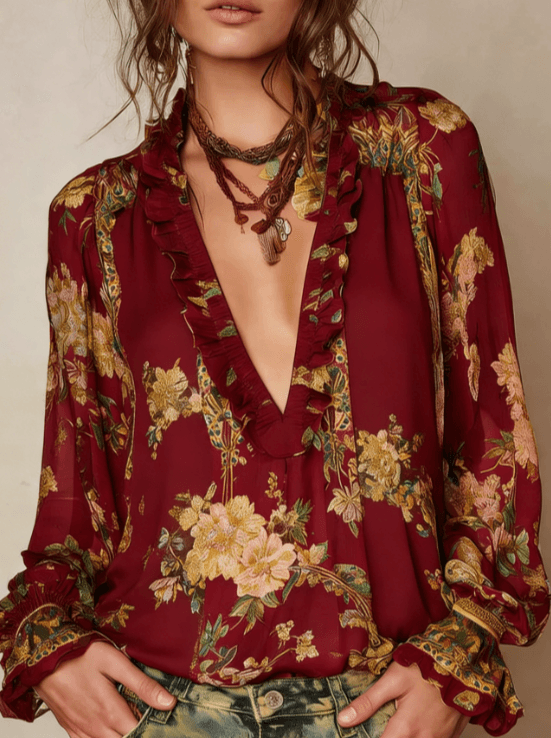 Women's Bohemian Retro V-neck Loose Long-sleeved Top