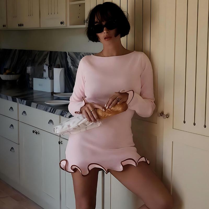 Autumn And Winter New Temperament Pure Color Round-neck Long-sleeved Dress