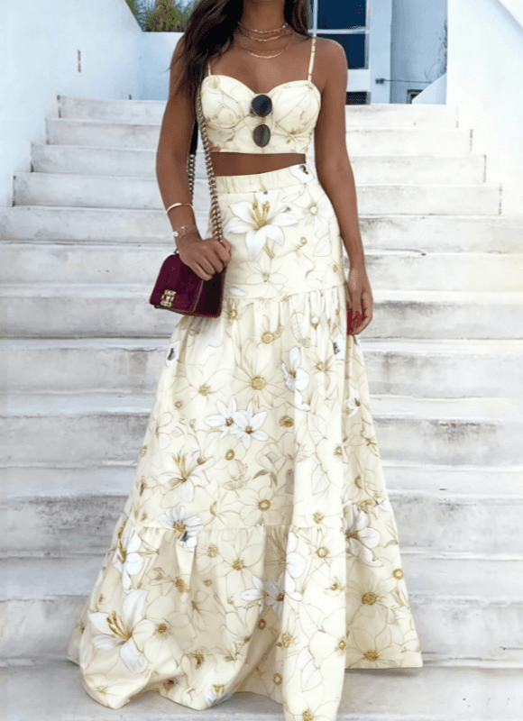 French Romantic Style Floral Print Camisole Crop Top And High-waisted Maxi Skirt Set For Women