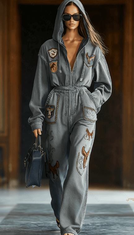 Vintage Distressed Denim Hooded Badge Jumpsuit
