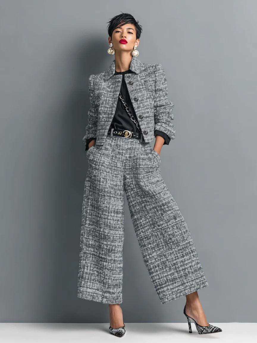 2025 Cross-Border European And American New Style Lapel Slim Women's European And American Style Long-Sleeved Short Jacket With Wide-Leg Pants Suit