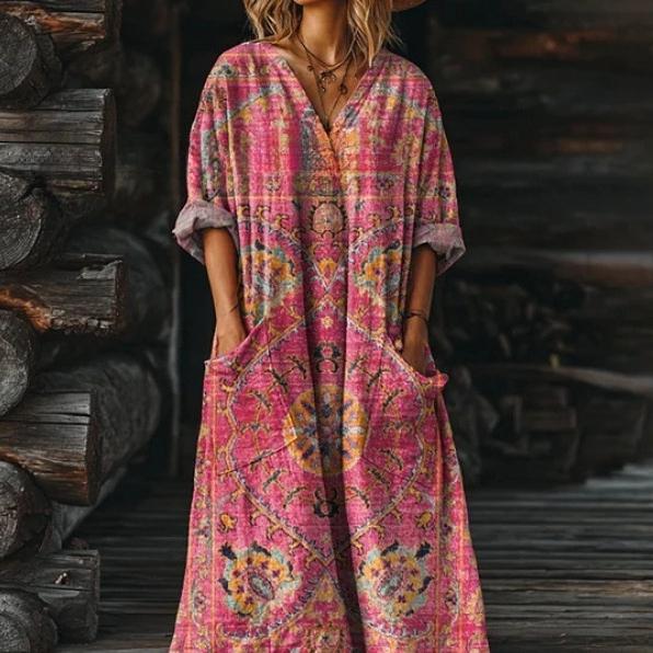 Women's Vintage Floral Art Pattern Print Pocket V-neck Pocket Dress