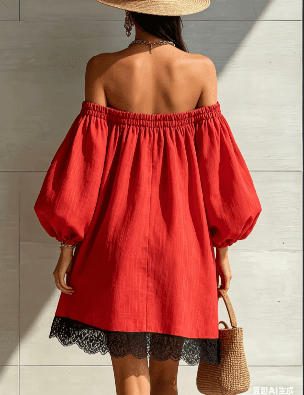 One Shoulder Bubble Sleeve Black Lace Patchwork Red Short Dress