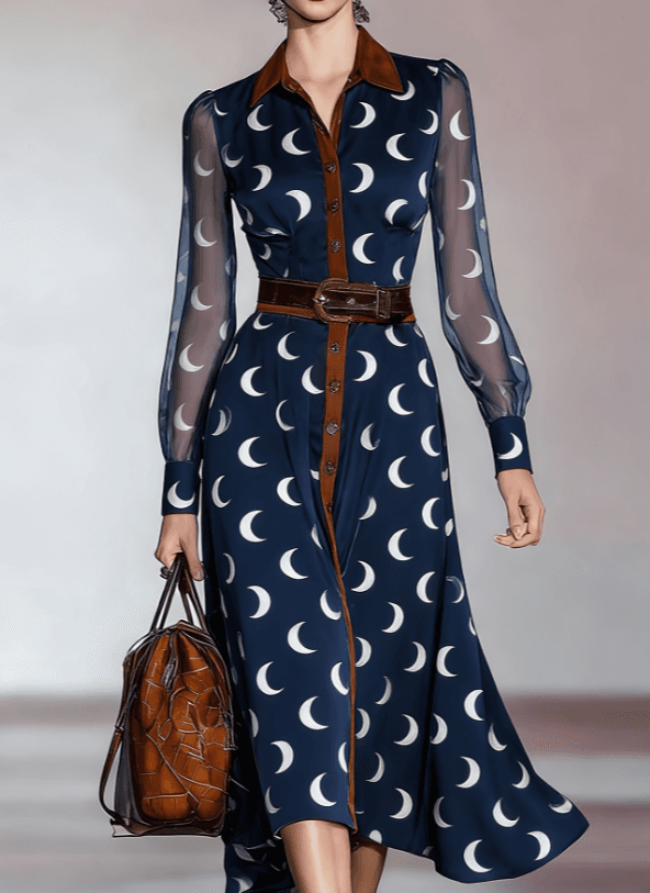Printed Color-blocked Collared Fitted Shirt Dress