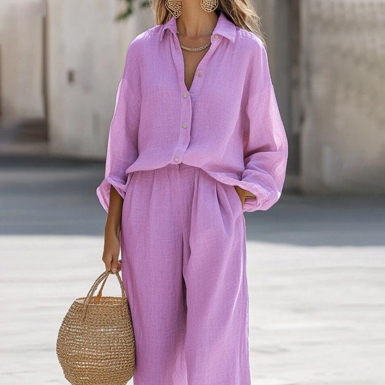Women's Casual Lapel Long-sleeve Shirt And Trousers Set