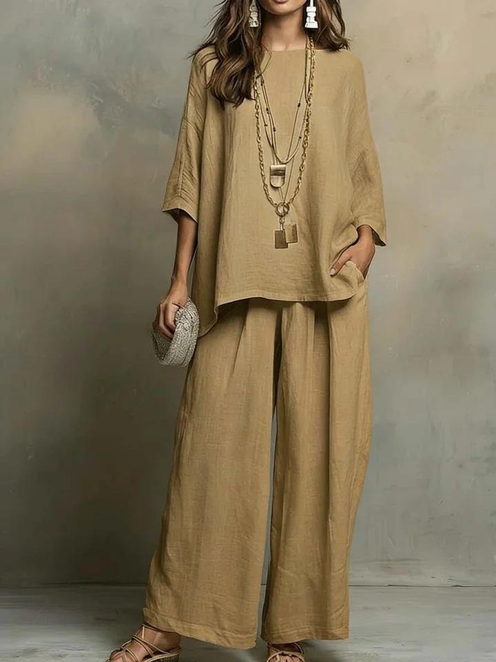 Loose Fit Linen Blend Shirt & Wide Leg Pants Two-Piece Set