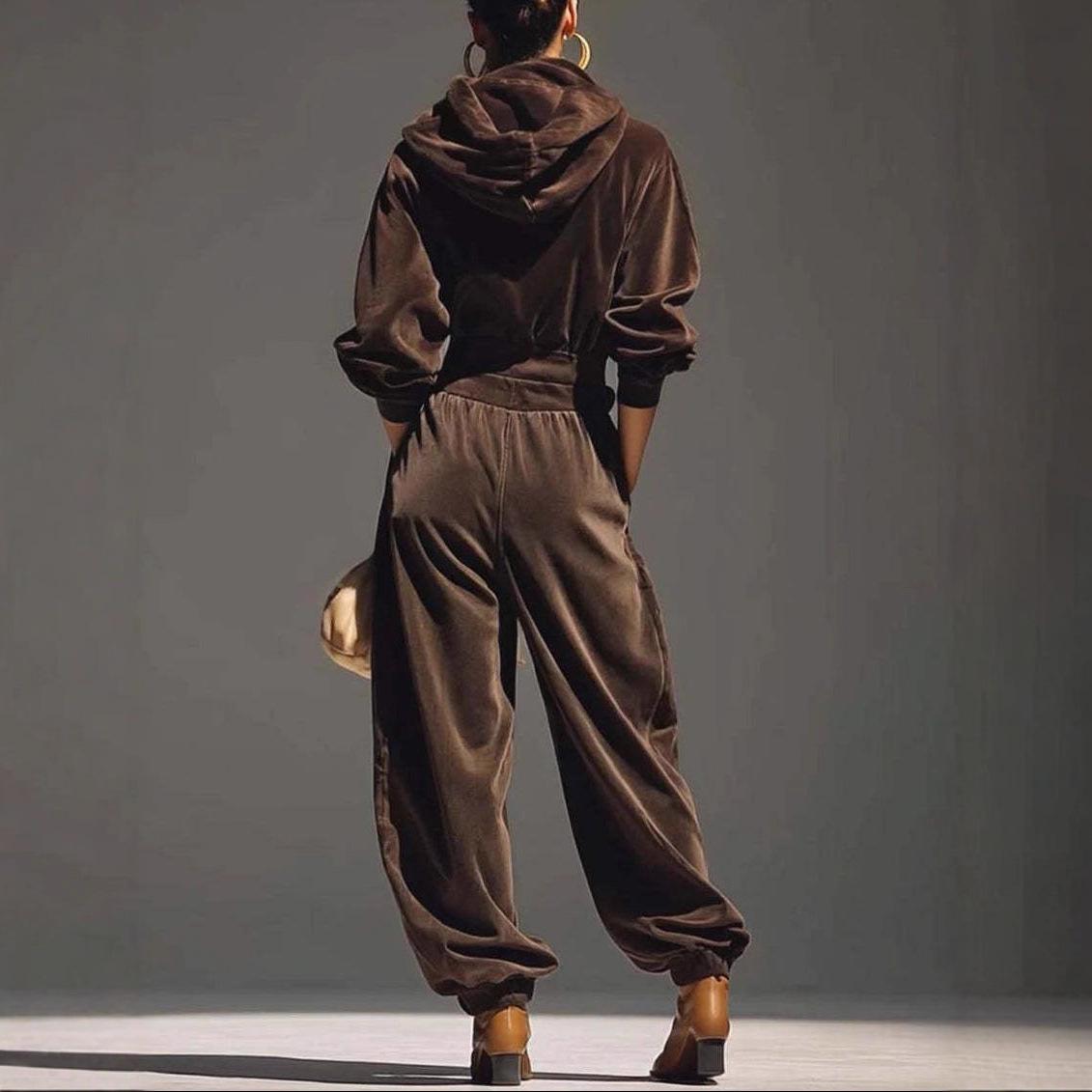 Velvet Hooded Long-sleeve With Tapered Pants Casual Set For Women
