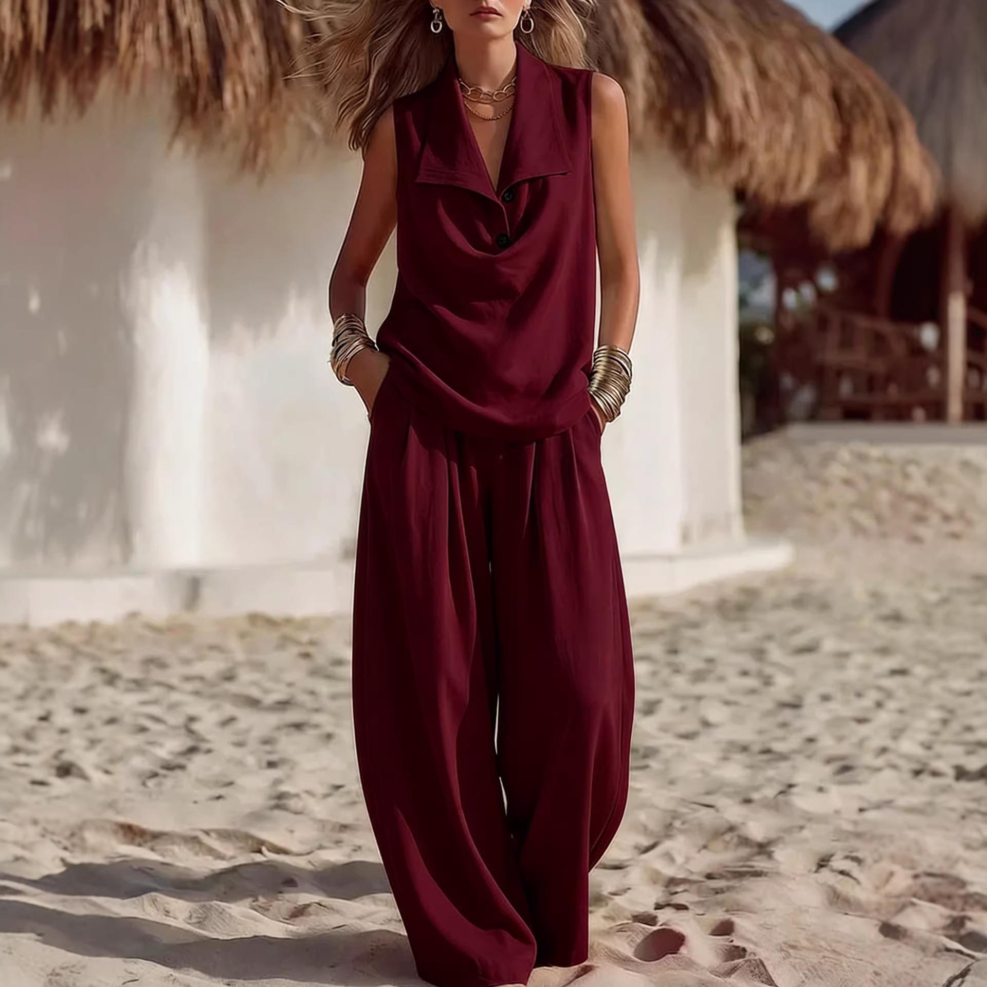 Solid-color Women's Flowing Collar Two-piece Set